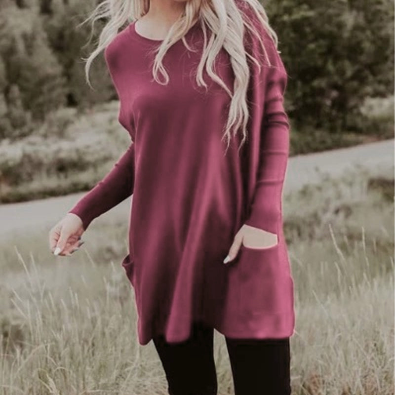 Round Neck Long Sleeve Loose Pocket Solid T-Shirt