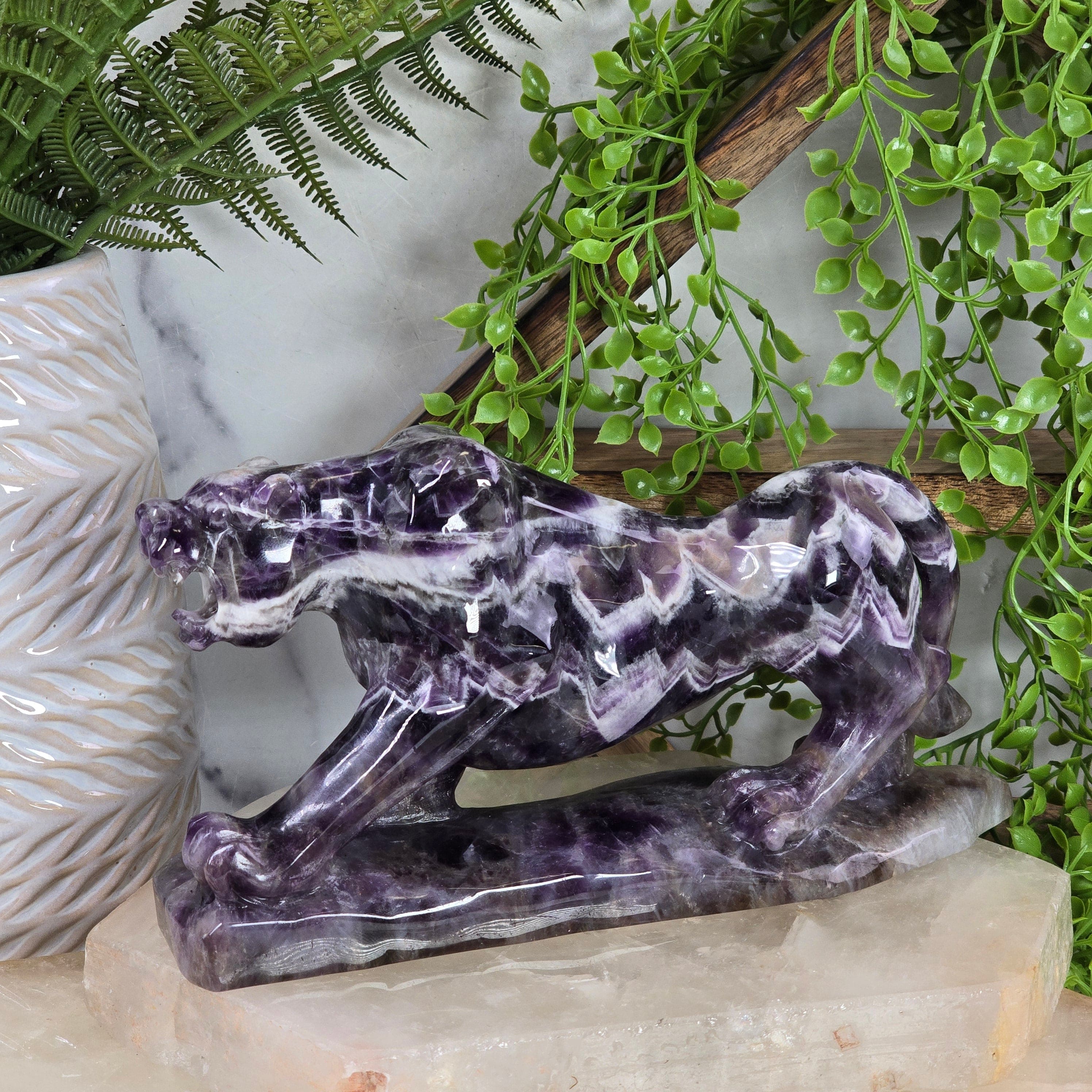 Chevron Amethyst Jaguar Statue - Carved Crystal Wildcat - OOAK