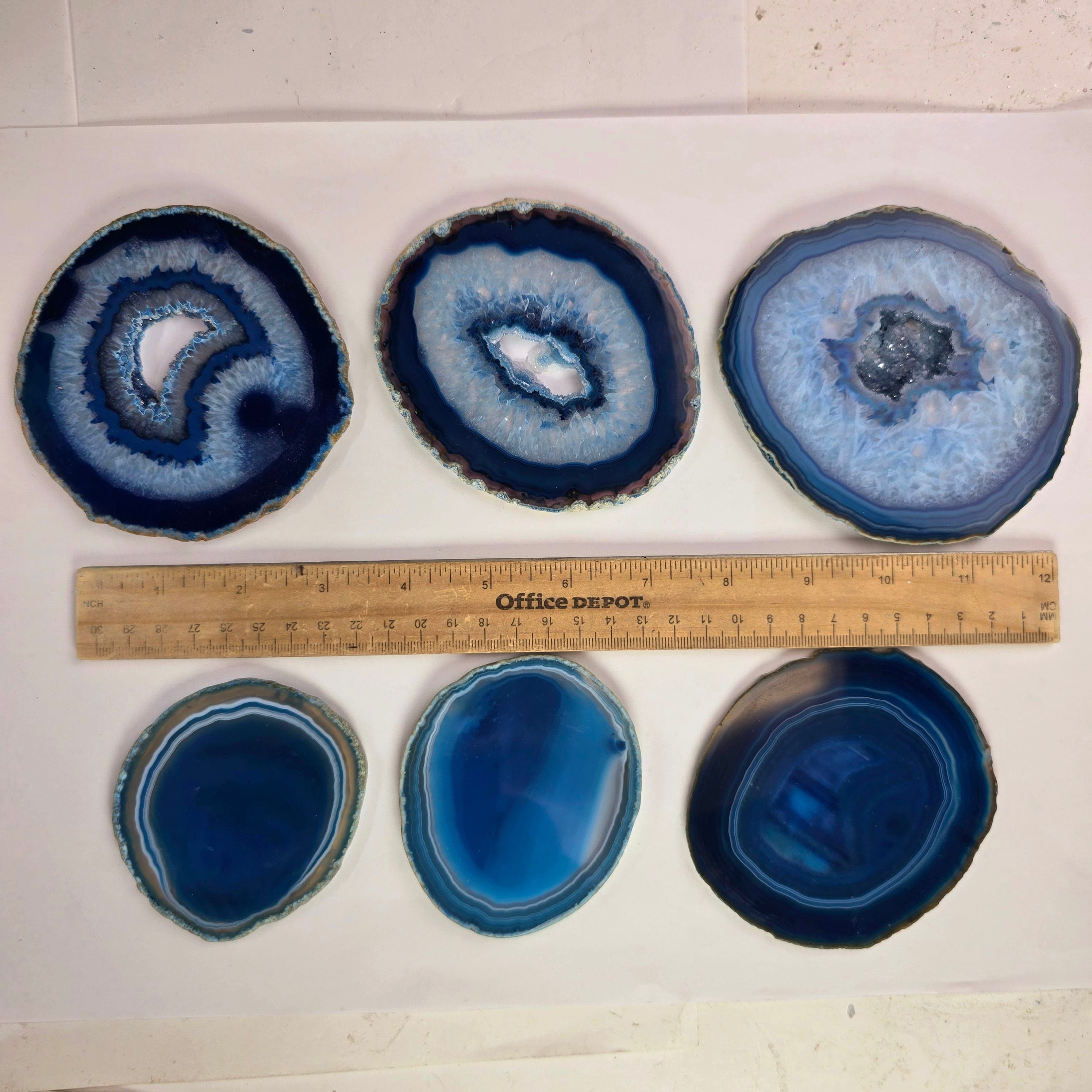 Agate Slice Set - Set of Six Blue Agate Crystal Coasters Matching A Grade Sliced Geodes