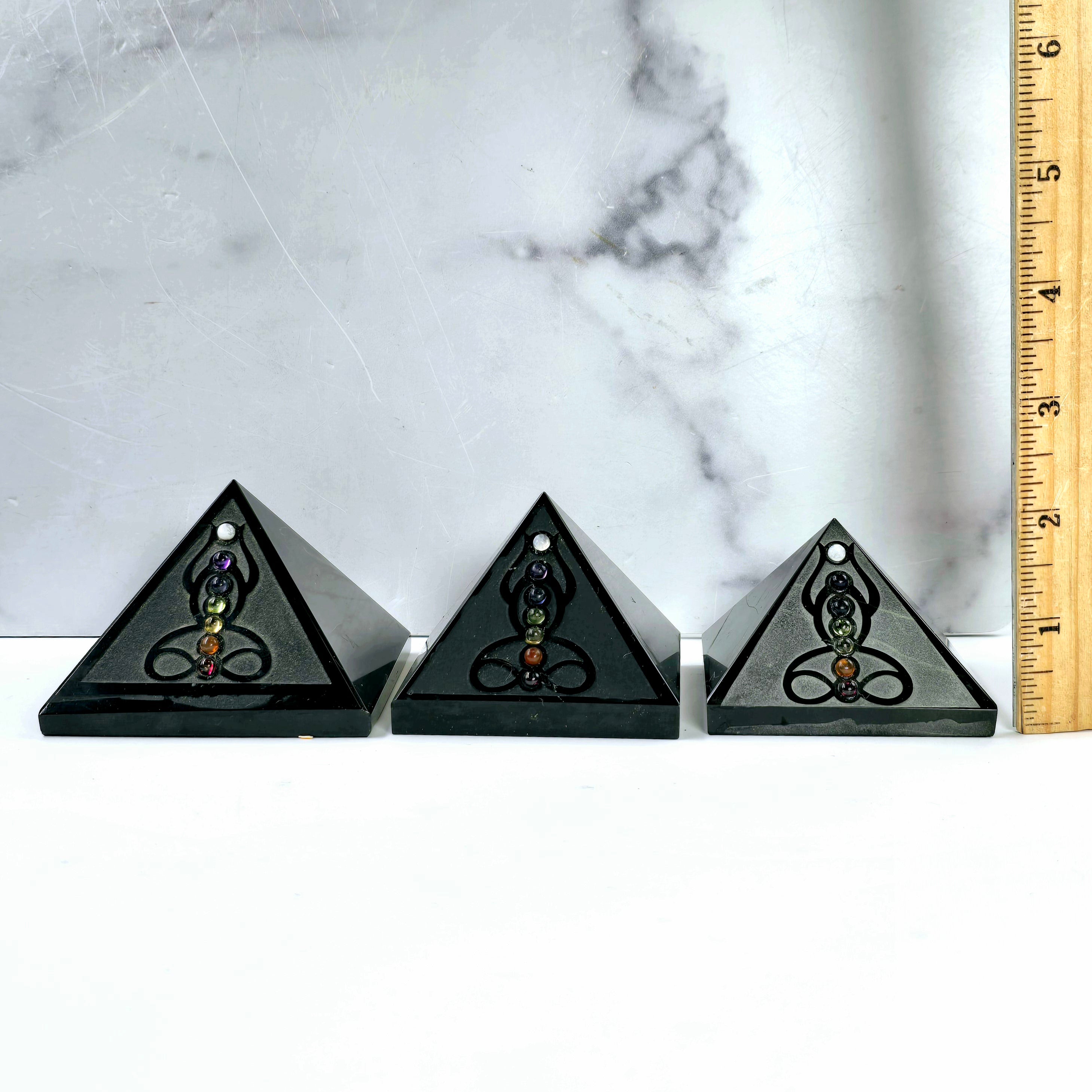 Black Obsidian Pyramid with Seven Chakra Crystal Accents