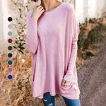 Round Neck Long Sleeve Loose Pocket Solid T-Shirt