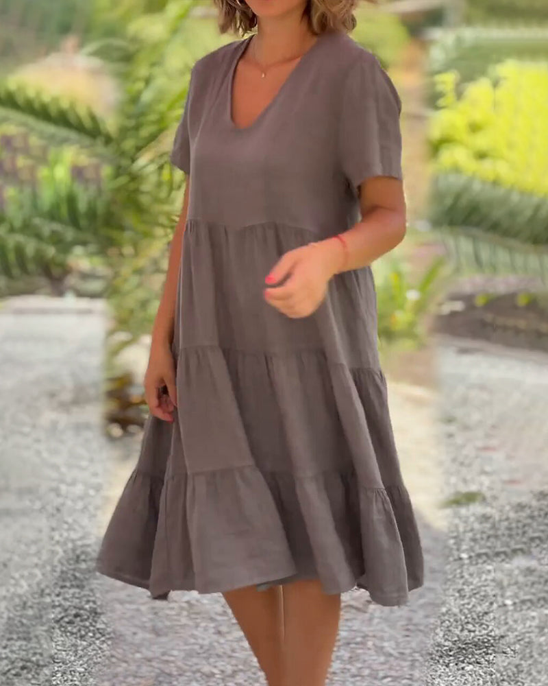 Cotton linen v-neck solid color dress