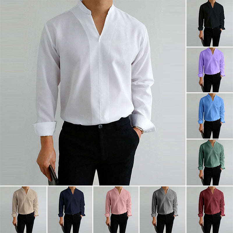 Men's Casual Solid Color V-Neck Long Sleeve Shirt