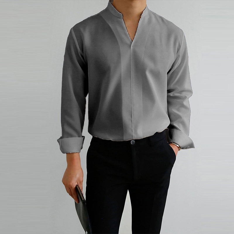 Men's Casual Solid Color V-Neck Long Sleeve Shirt