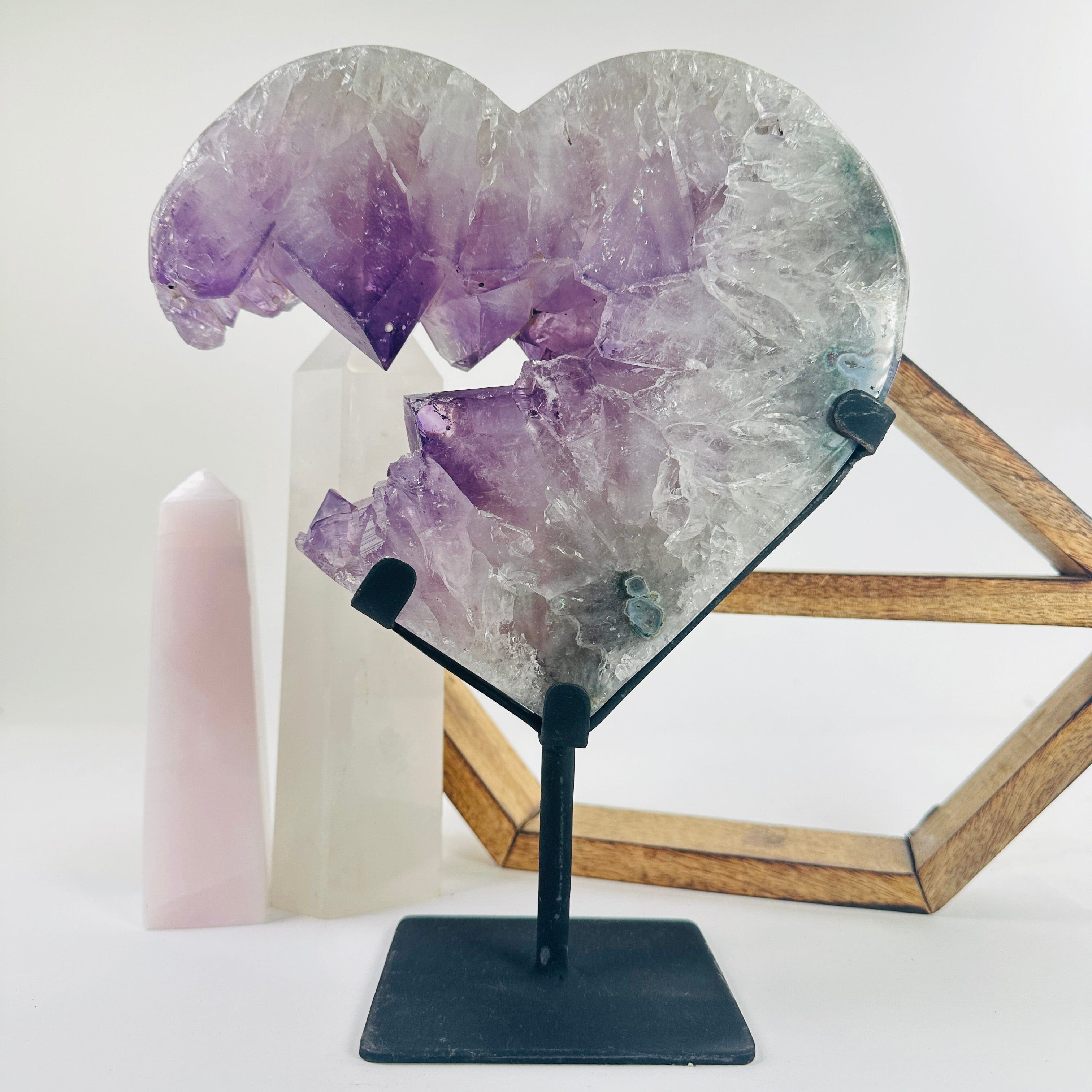 Amethyst Crystal Heart on Black Metal Stand - Mother's Day