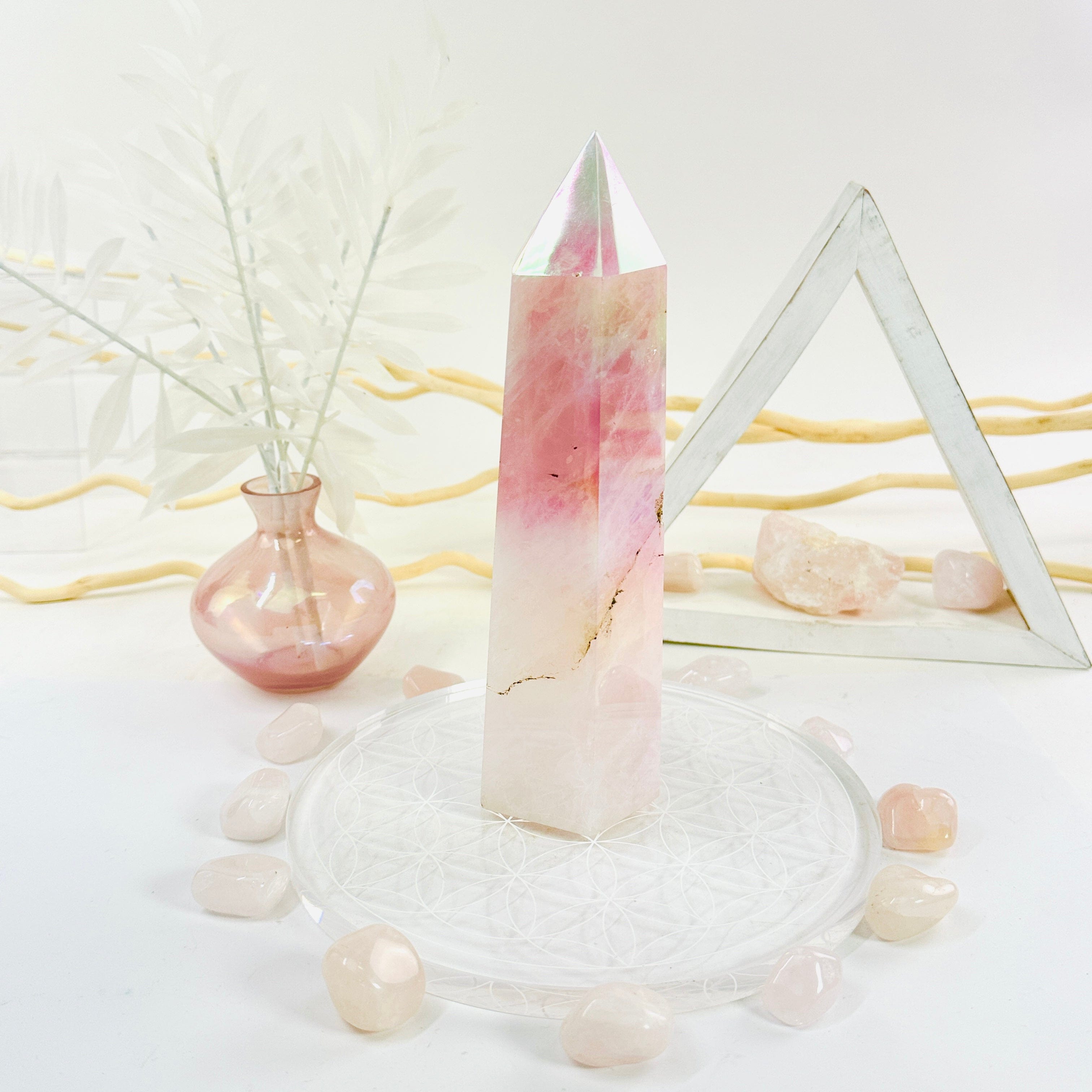 Angel Aura Rose Quartz Crystal Tower with Natural Inclusions