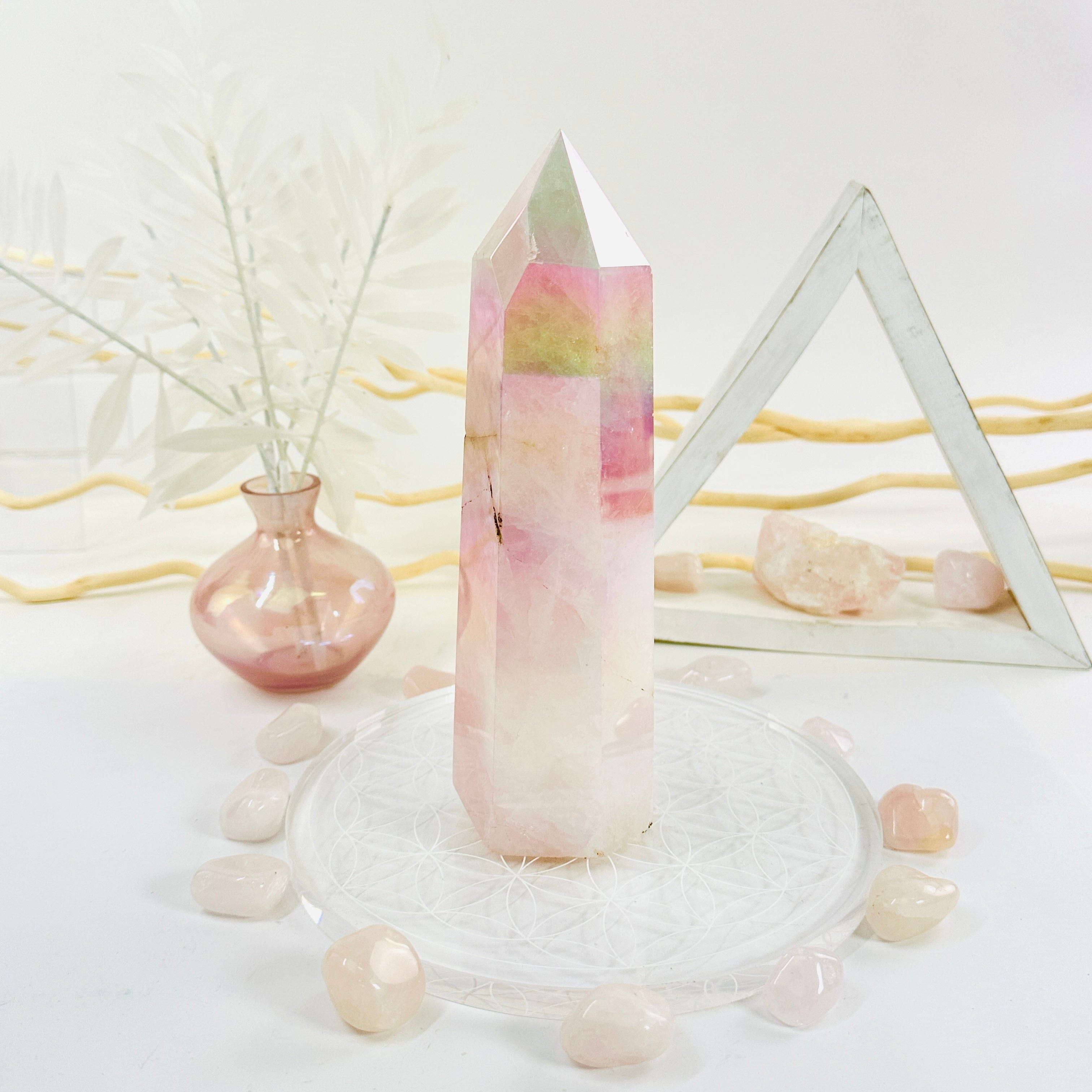 Angel Aura Rose Quartz Crystal Tower with Natural Inclusions