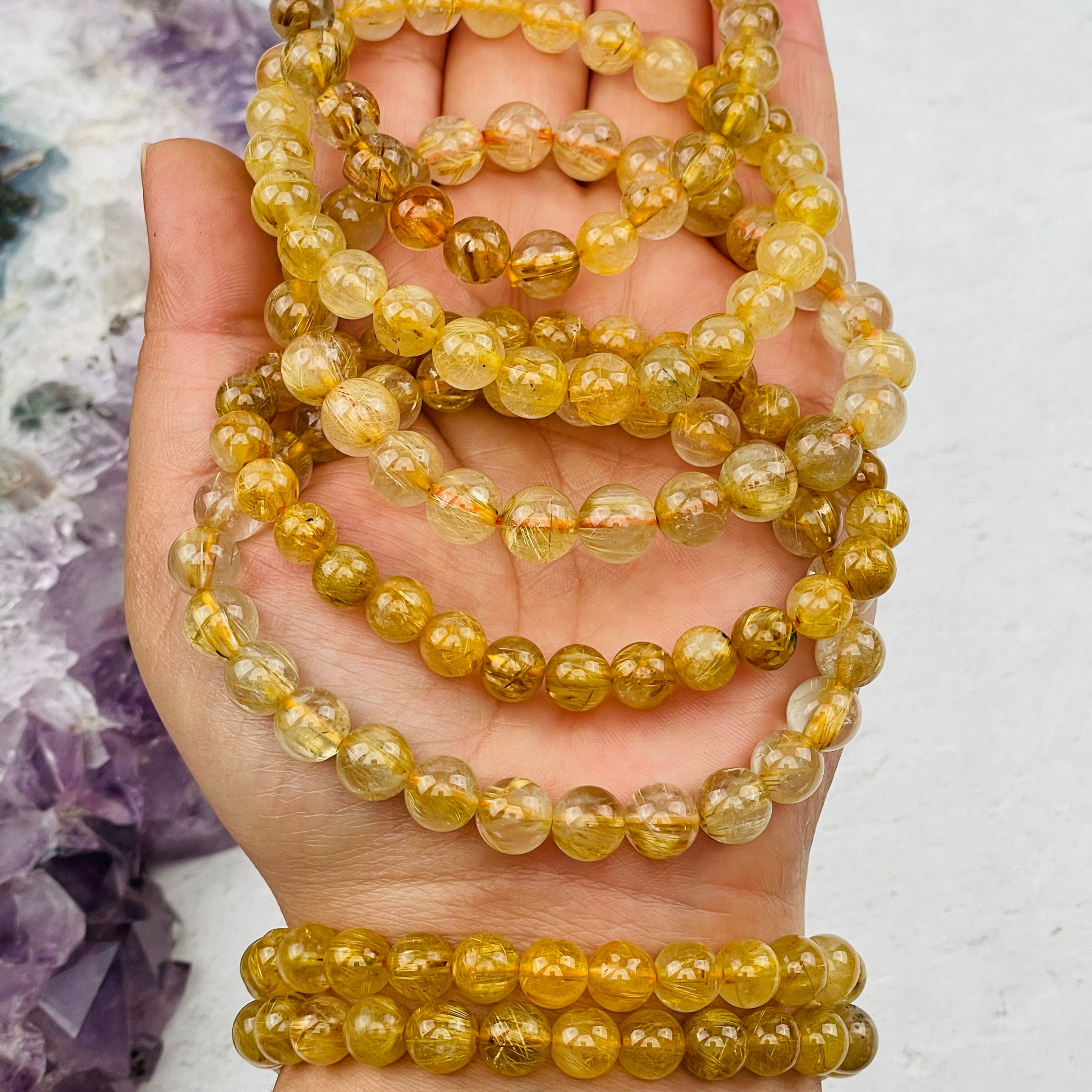 Gold Rutilated Round Bead Bracelets - High Quality