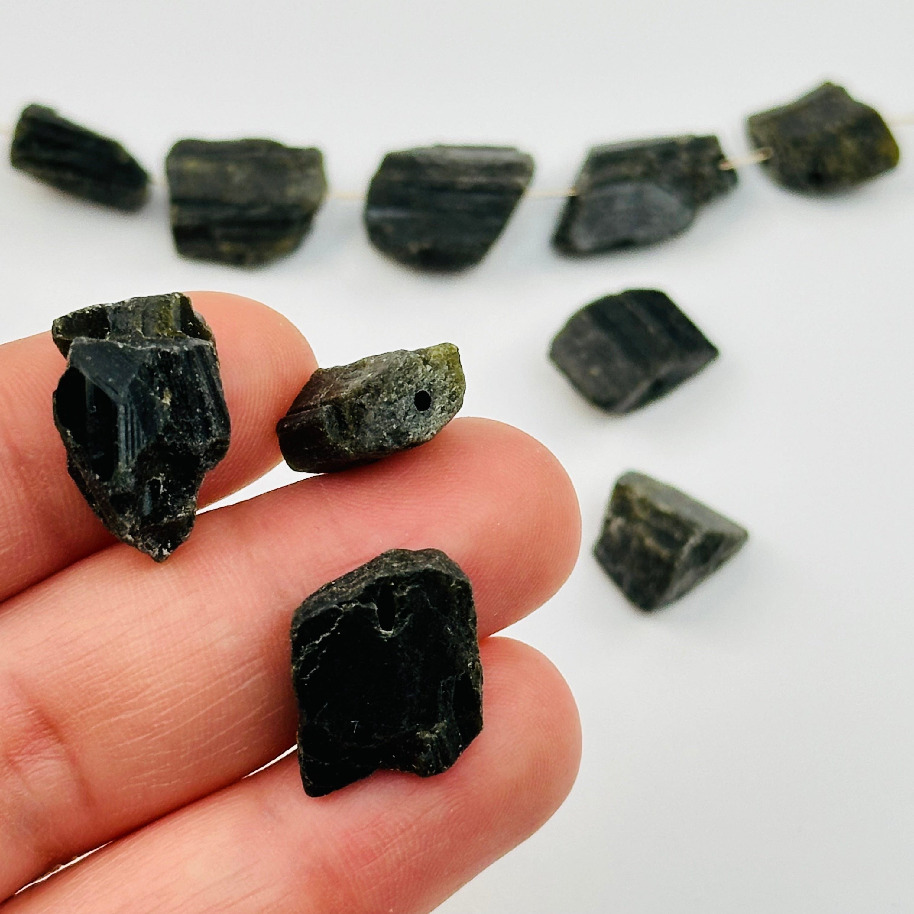 5pc Black Tourmaline Beads Rough Stone Center Drilled -