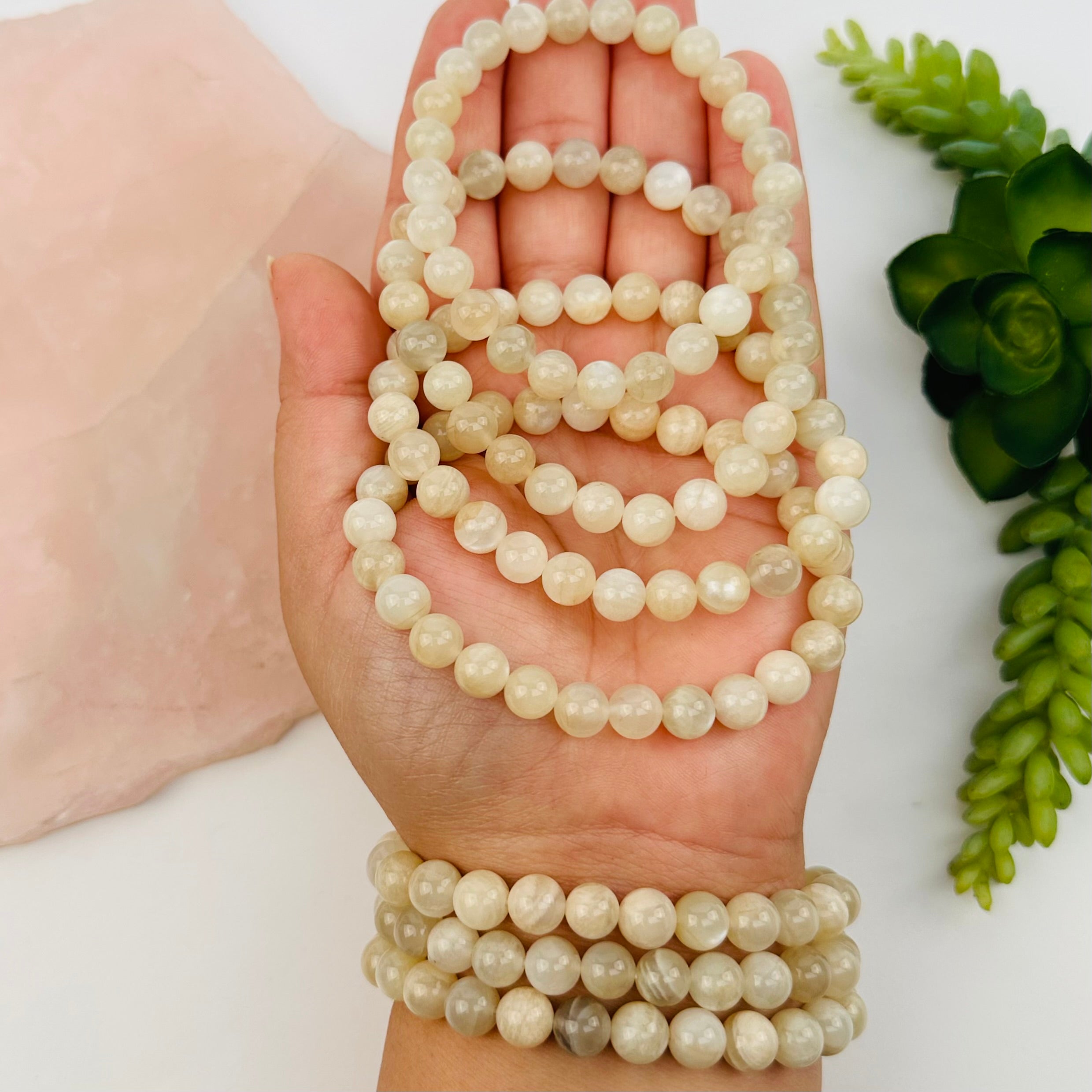 Cream Moonstone Crystal Beaded Bracelets