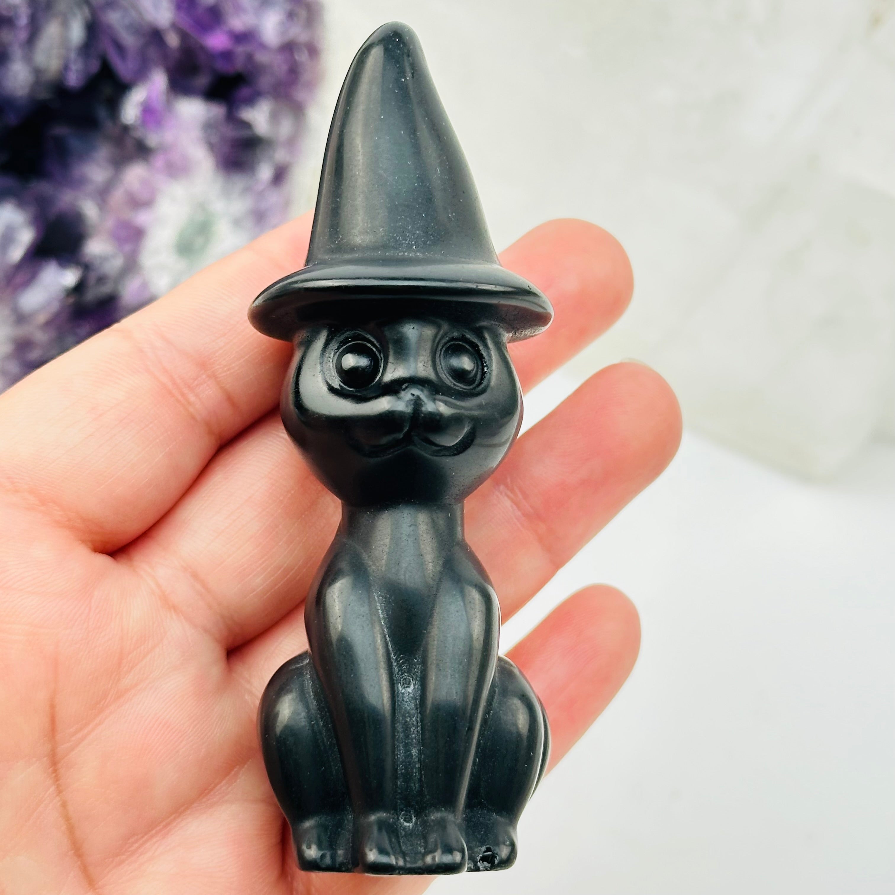 Black Onyx Crystal Cat with Hat - Halloween Decor -