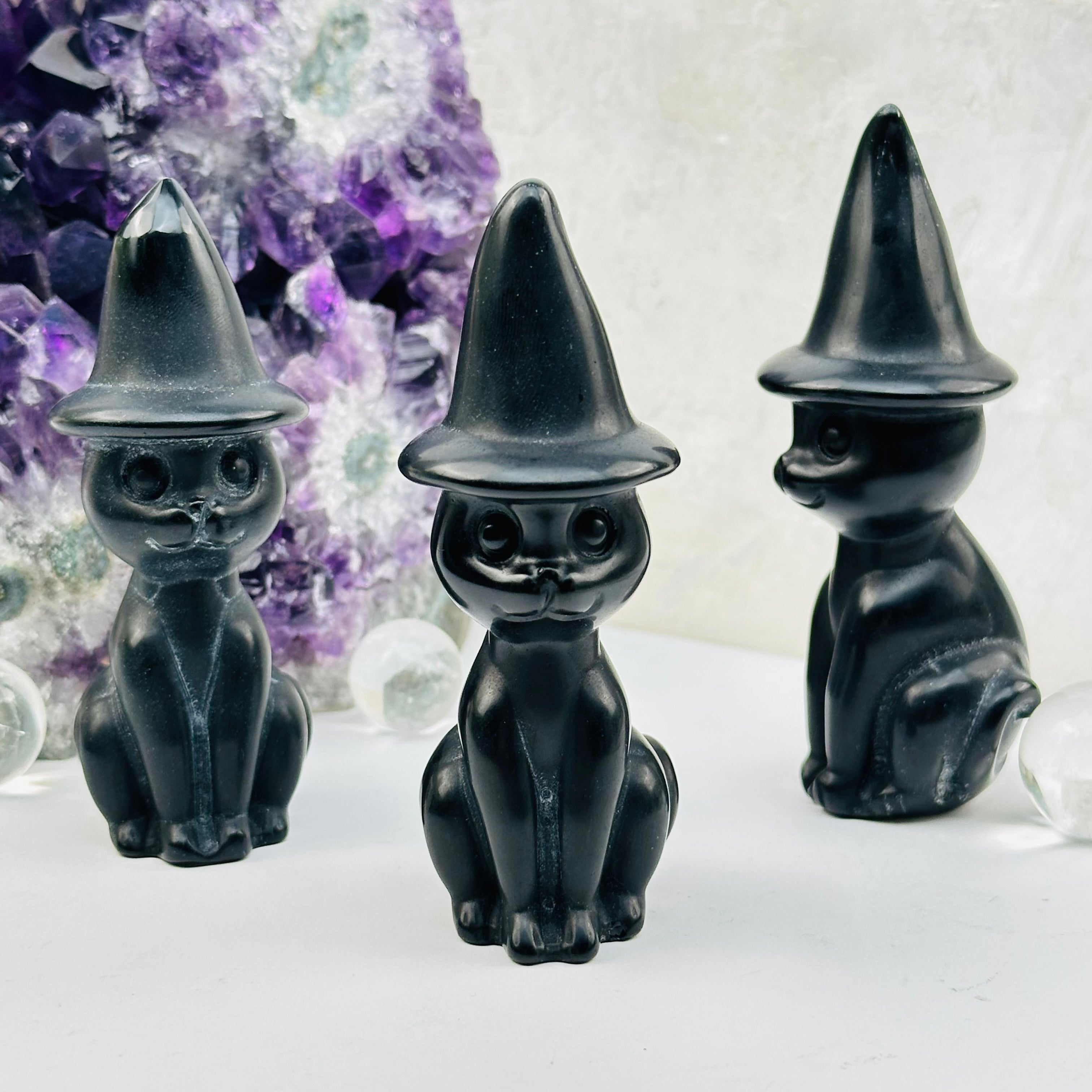 Black Onyx Crystal Cat with Hat - Halloween Decor -