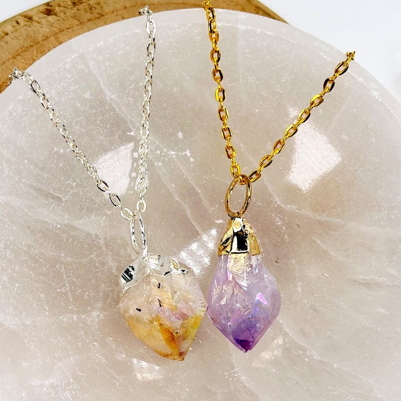 Angel Aura Crystal Point Pendants - Electroplated Silver or Gold Hoop Bails