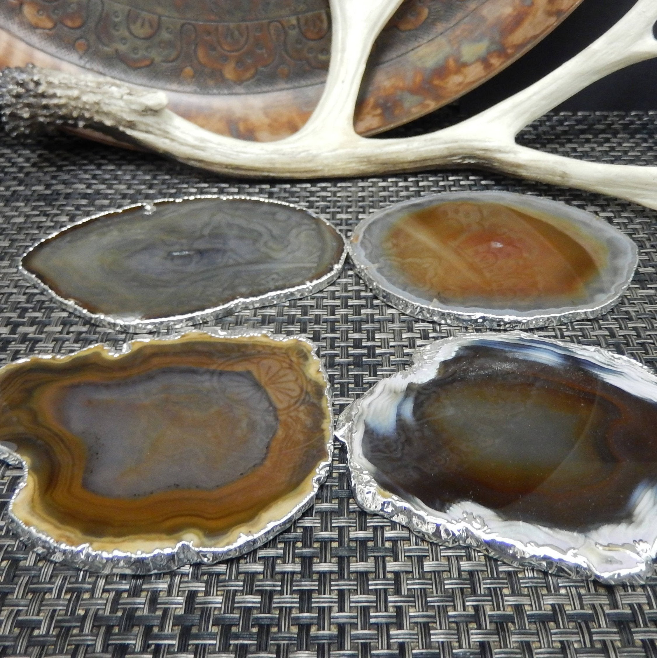 Agate Slice Set of 4- Freeform Coaster Size - Silver Electroplated Edges