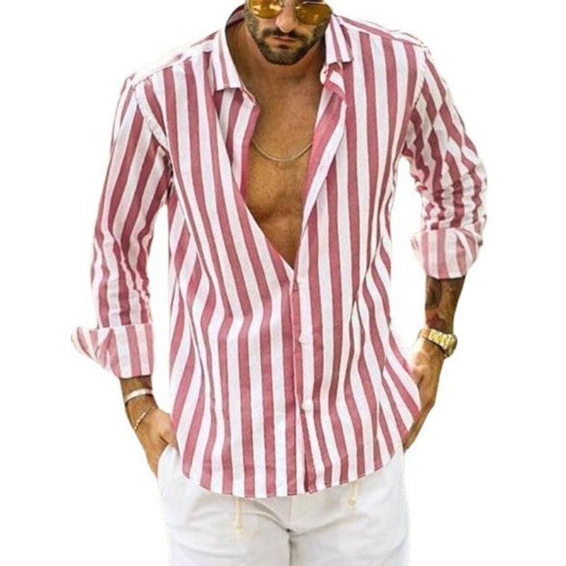 Spring Summer Men's Cotton Linen Striped Button Shirt