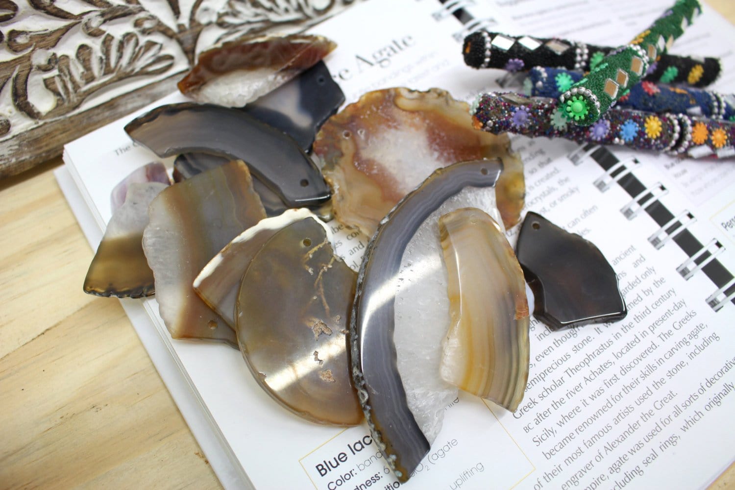 12 pcs Drilled Tumbled Agate Slices - Natural Stones - Agate Jewlery - Brazilian Crystals and Stones (3BROWNSHELF-56)